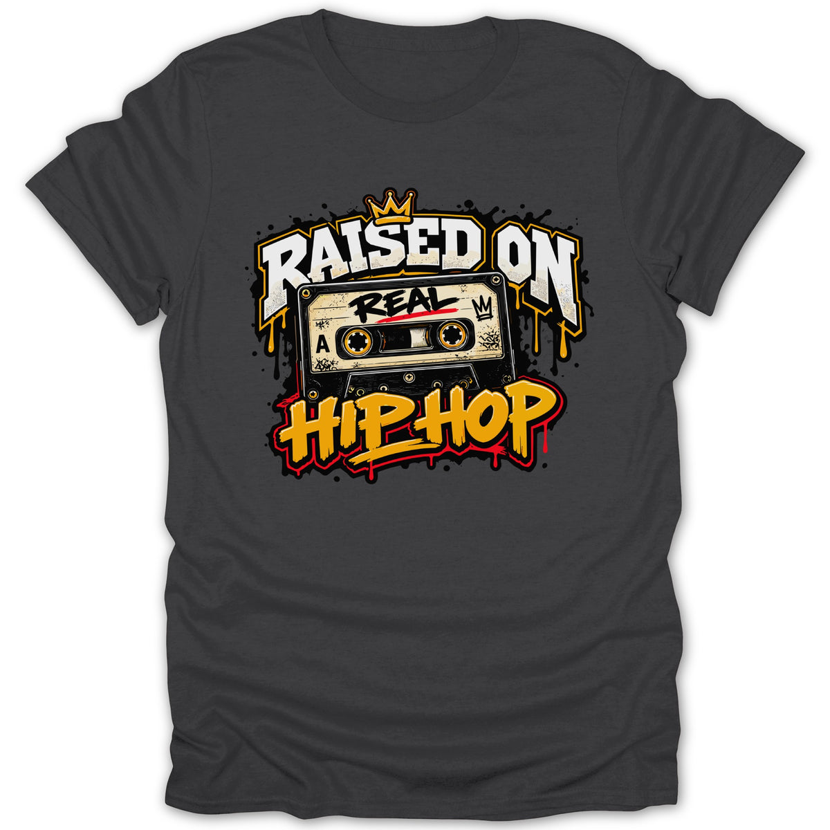 Dark t-shirt with "Raised on Real Hip Hop" graphic featuring a cassette tape.