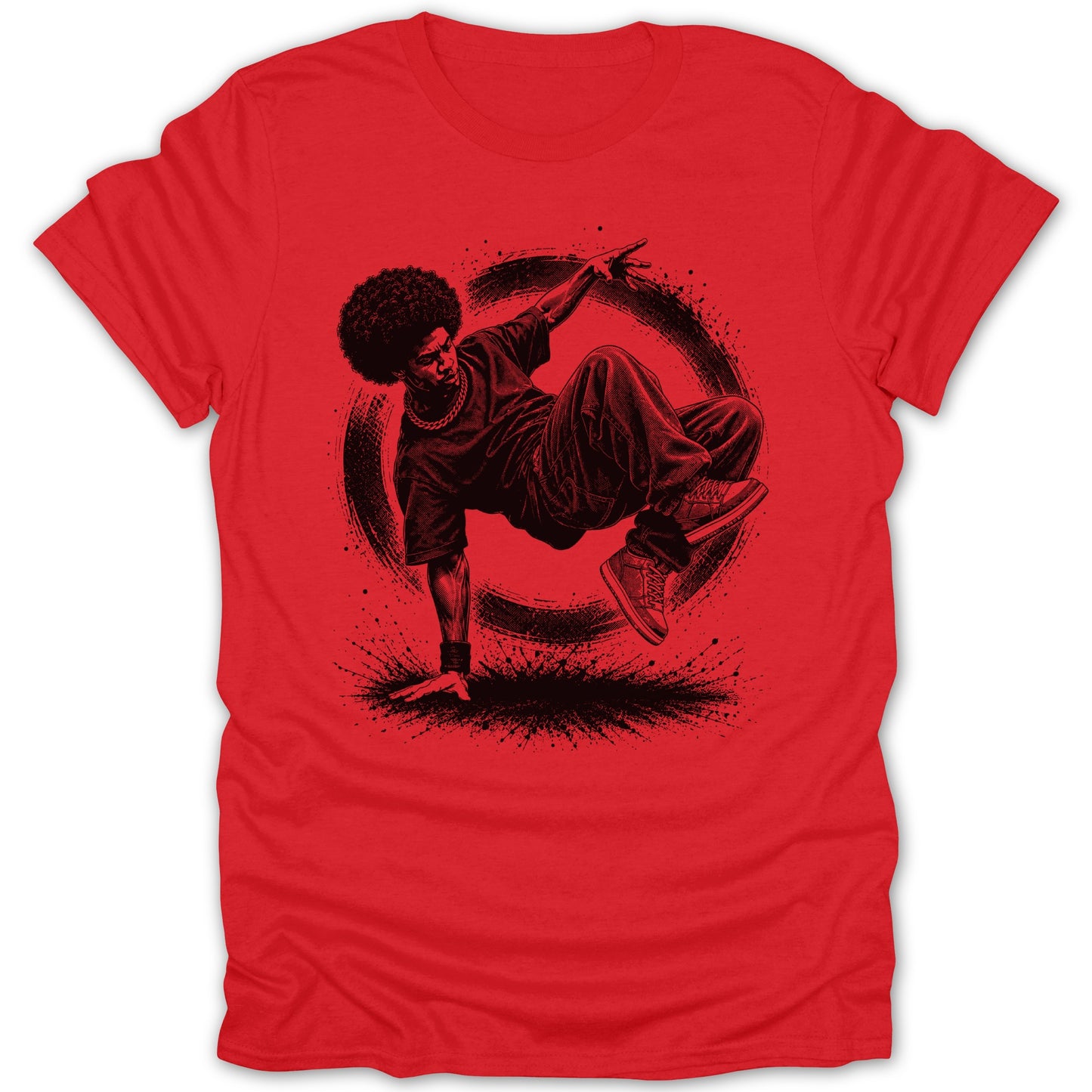 Red t-shirt with black graphic of a breakdancer in mid-air.