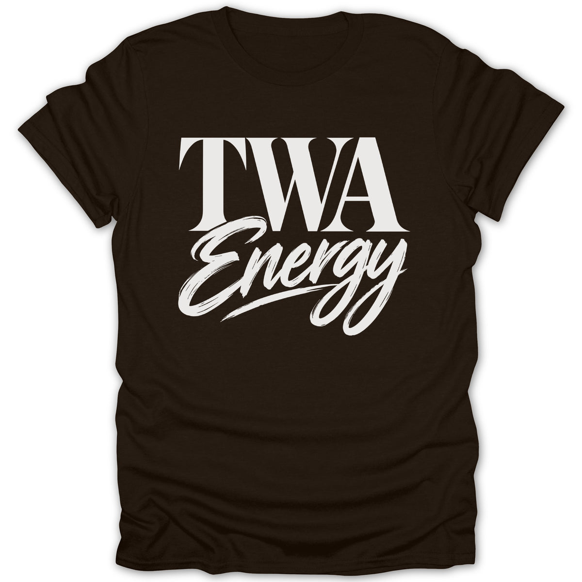 Brown t-shirt with white text "TWA Energy"