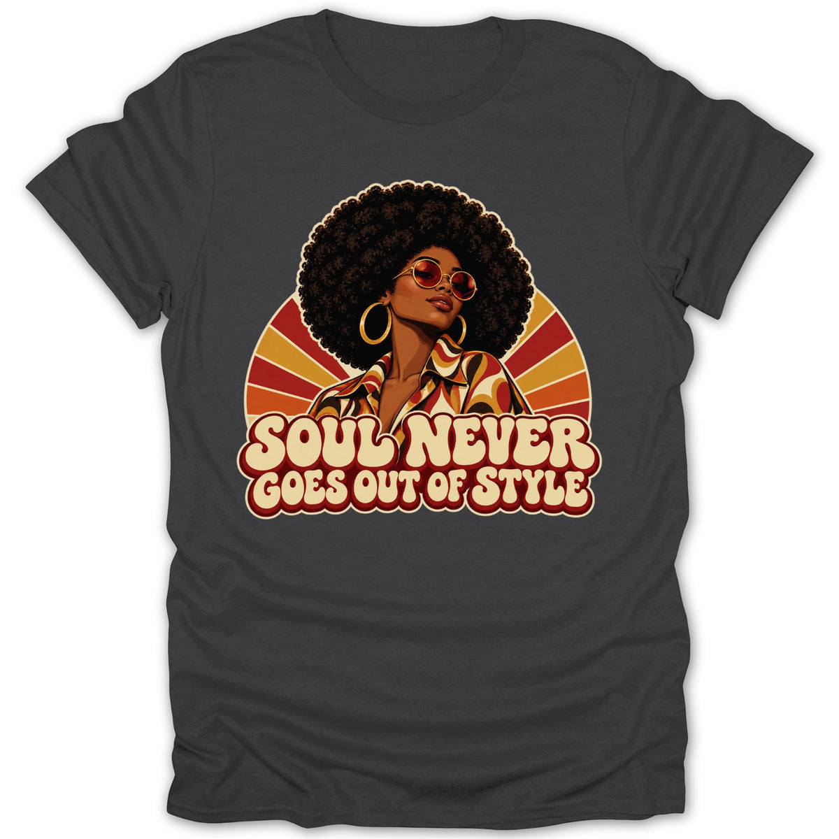 T-shirt with illustration of a woman with an afro and text "Soul Never Goes Out of Style."