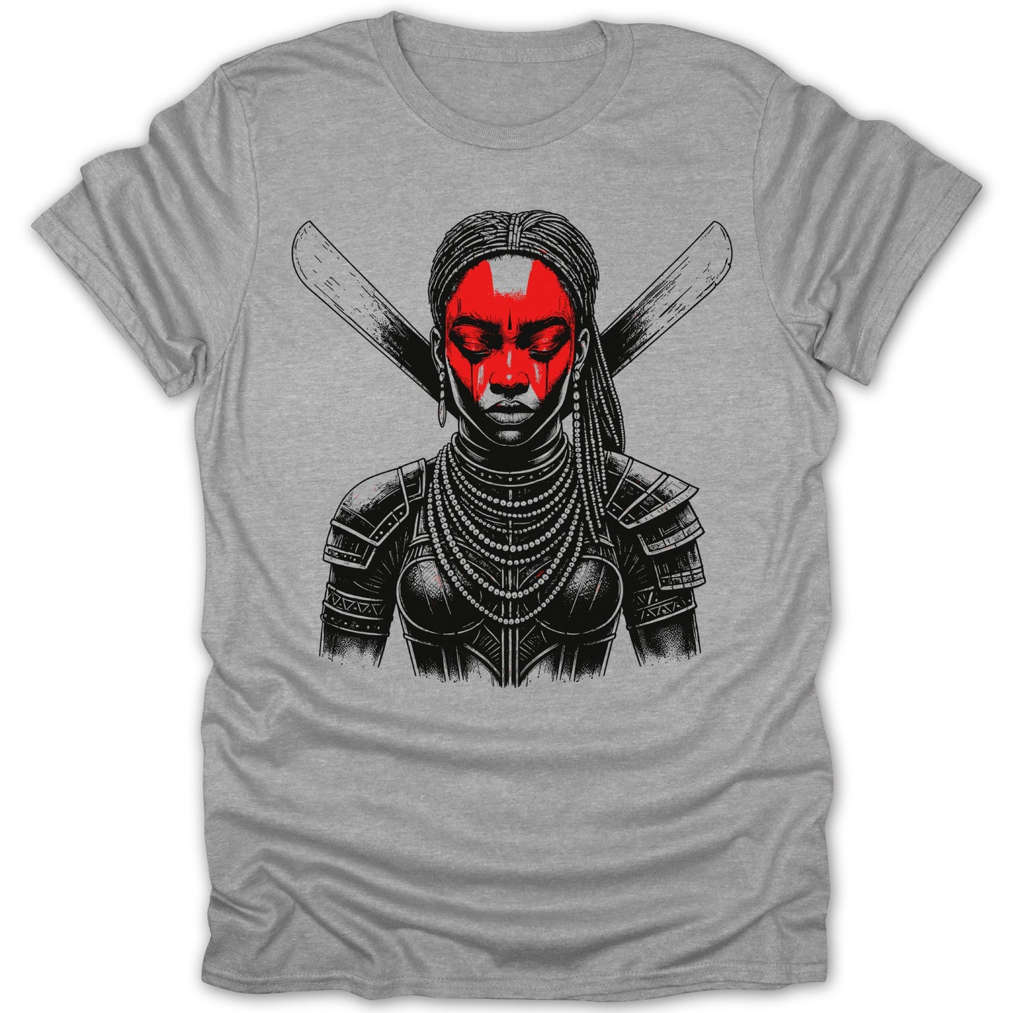 Black and white drawing of a warrior woman with red face paint and crossed axes on a grey t-shirt.