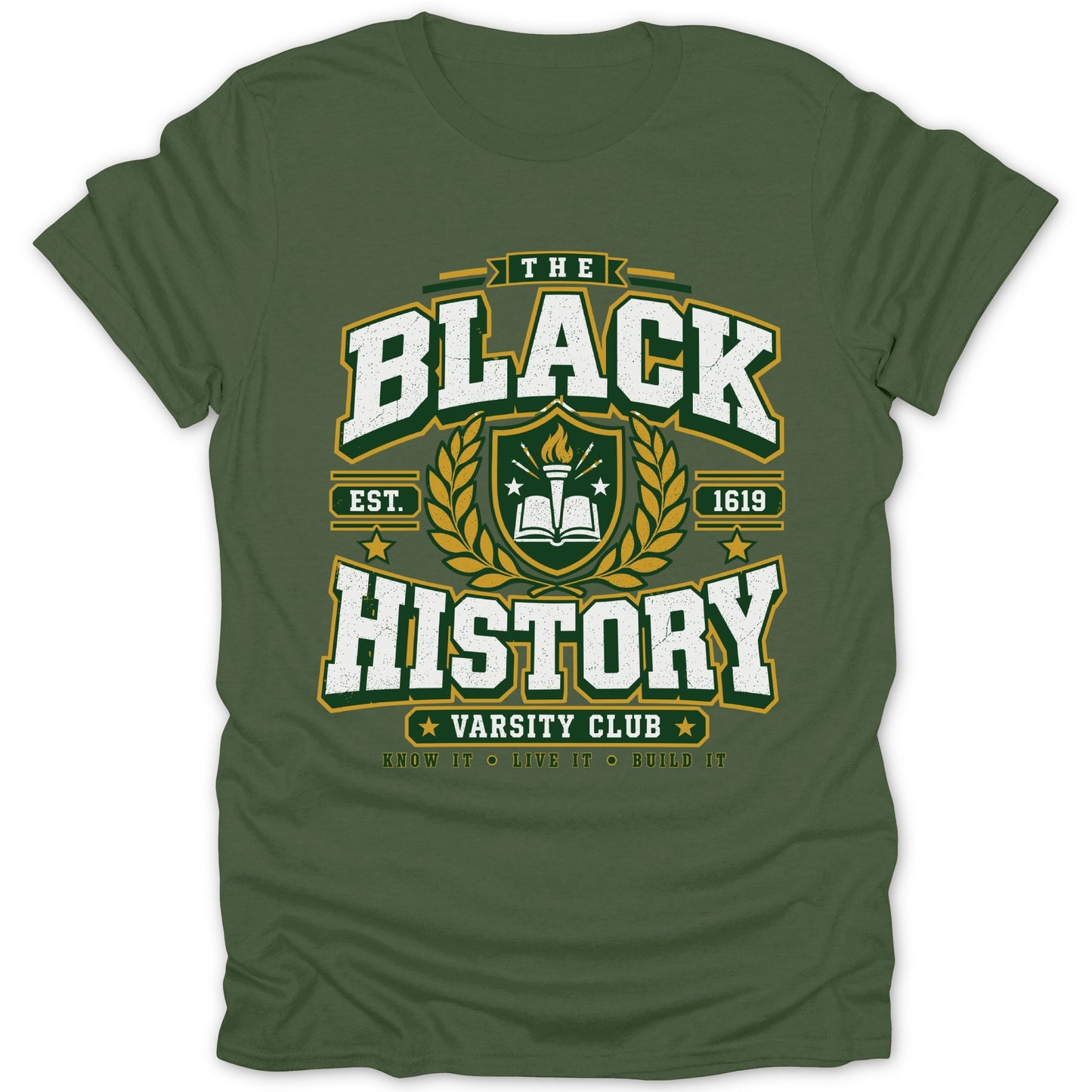 Green t-shirt with "The Black History Varsity Club" text and crest.
