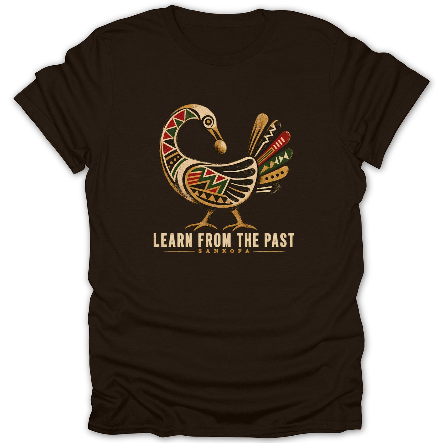 Brown t-shirt with Sankofa bird graphic and "Learn From The Past" text.