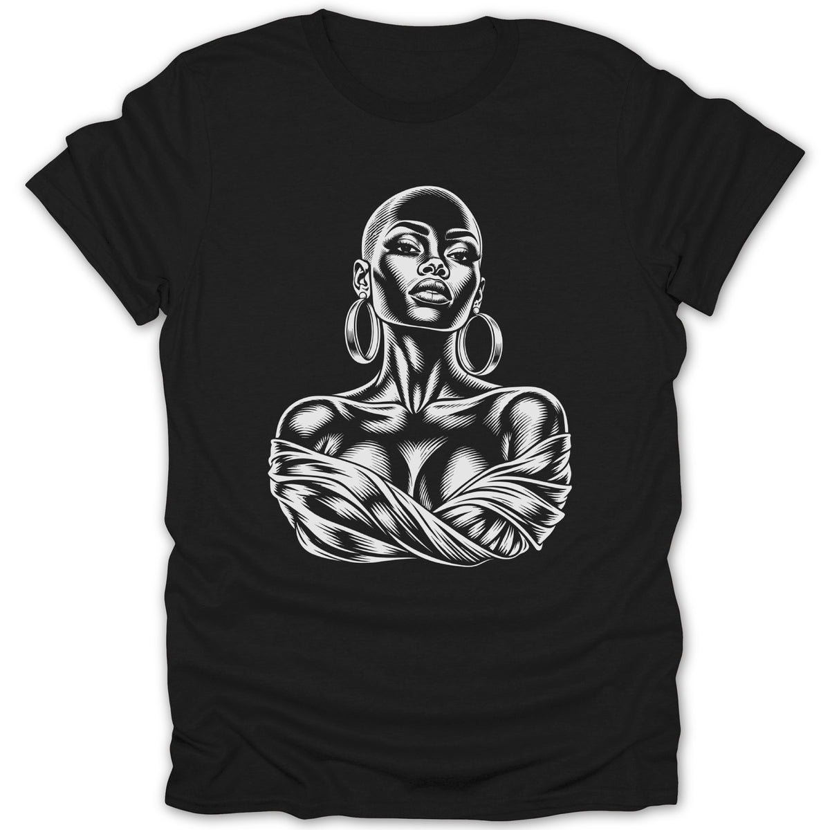 Black t-shirt with a white line art illustration of a bald woman.