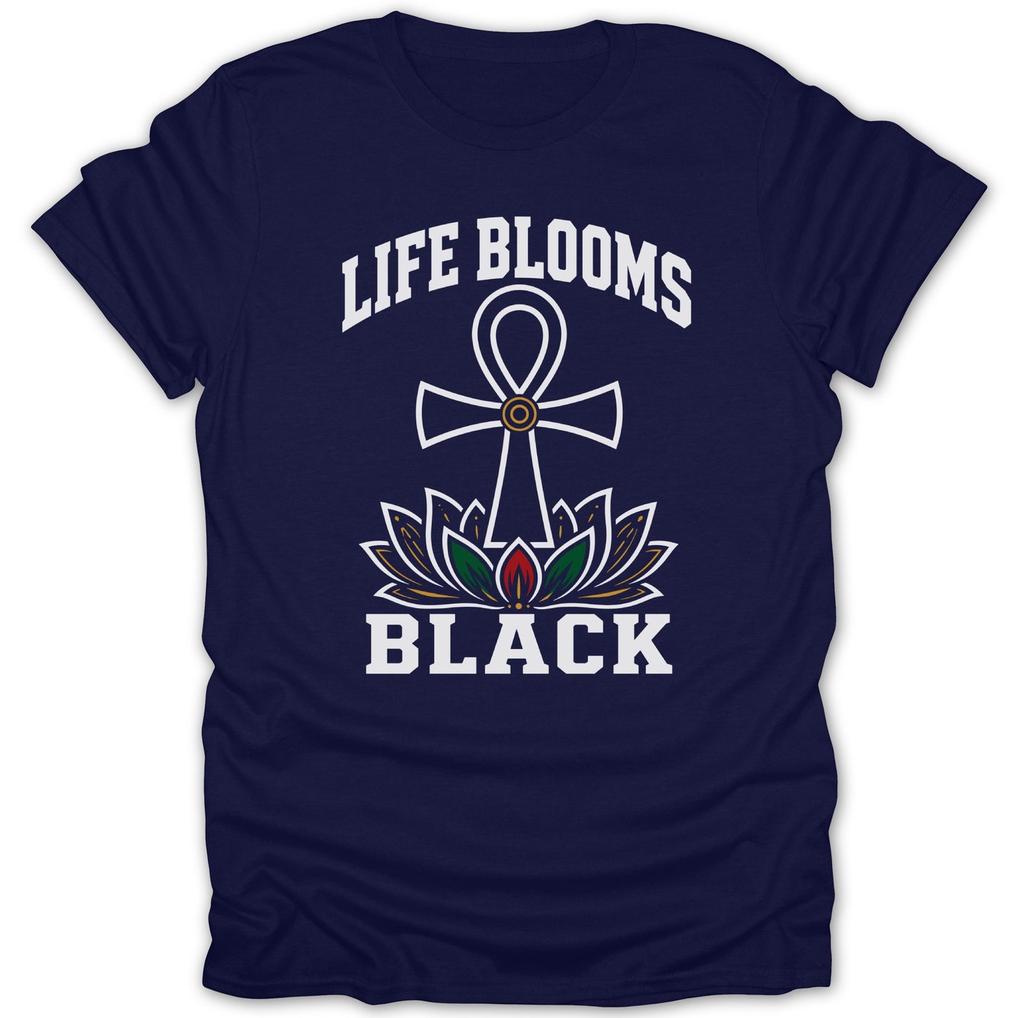 Navy t-shirt with an Ankh symbol over a lotus flower and the words "LIFE BLOOMS BLACK."