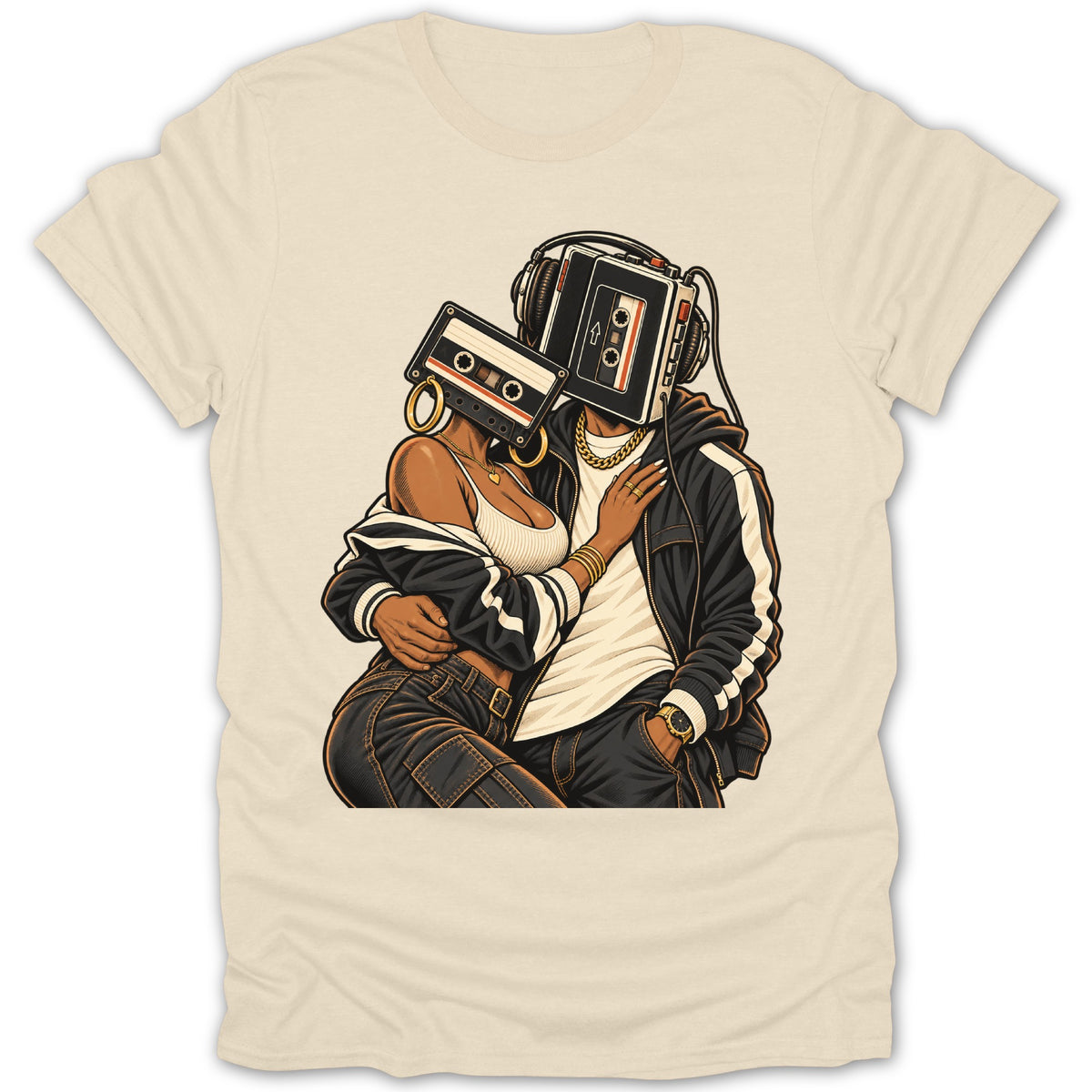 Couple with cassette tape heads and headphones on a cream t-shirt.