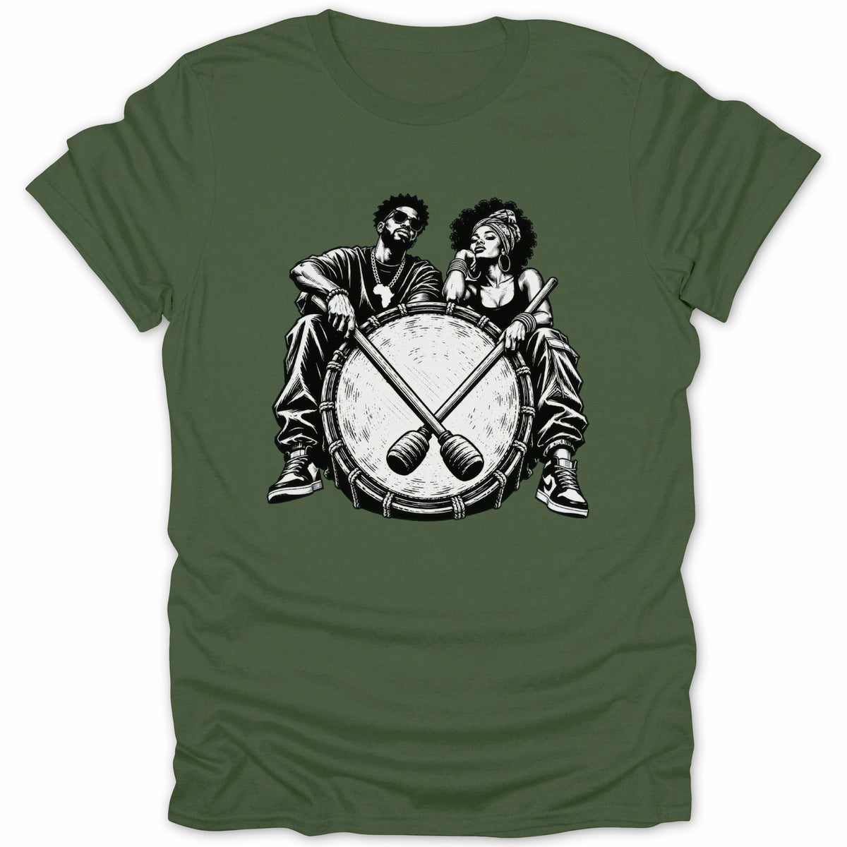 Illustration of a man and woman sitting on a drum with crossed drumsticks.