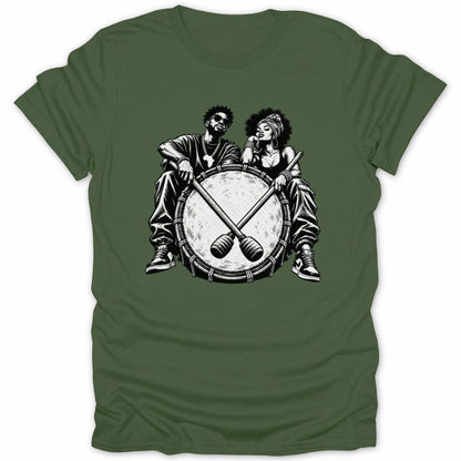 Illustration of a man and woman sitting on a drum with crossed drumsticks.