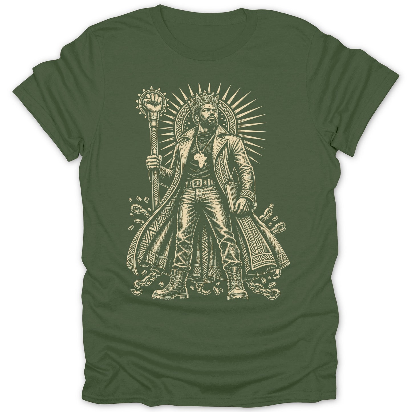 King with crown and staff holding a book on a green t-shirt.
