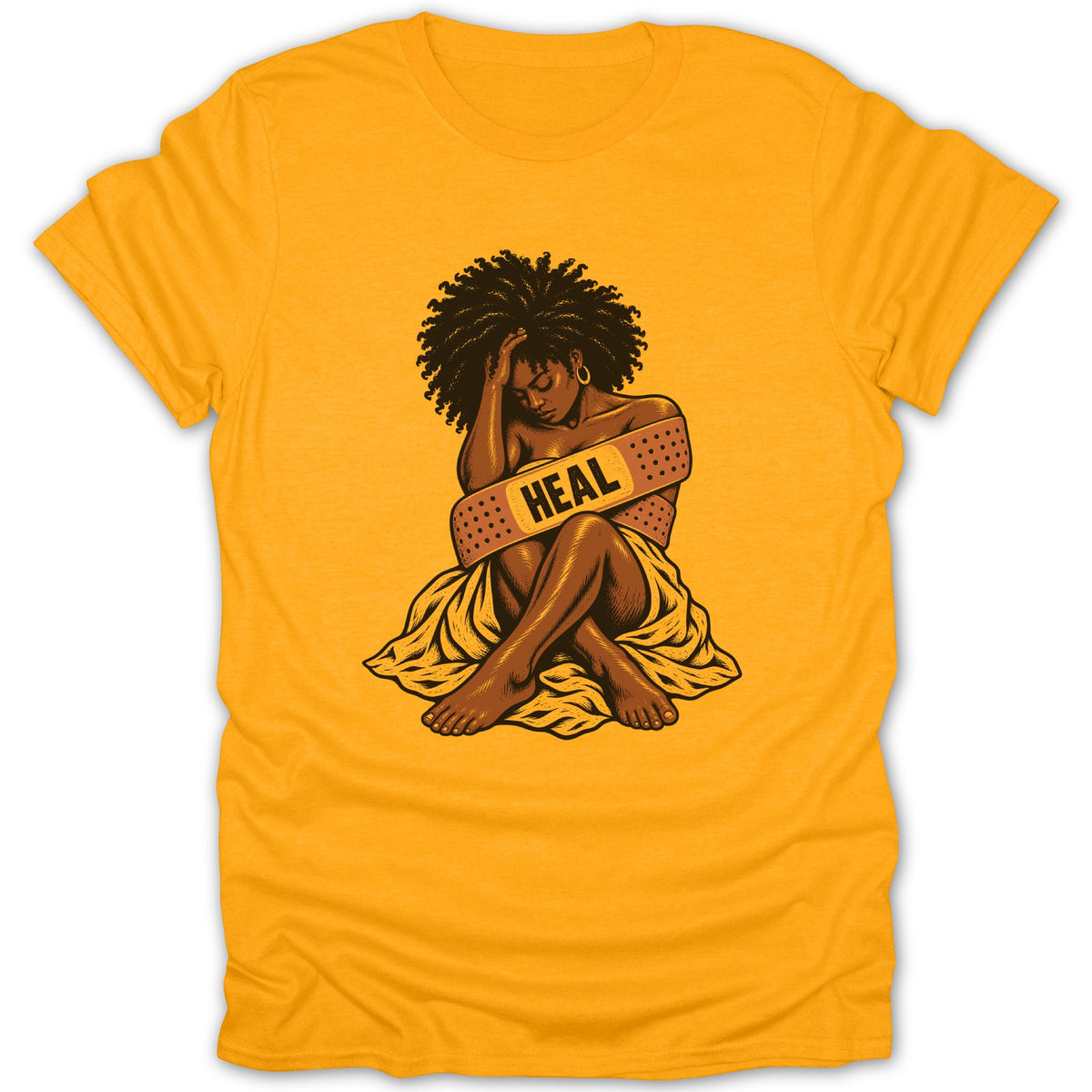Illustration of a Black woman with a bandage saying "HEAL" wrapped around her chest.