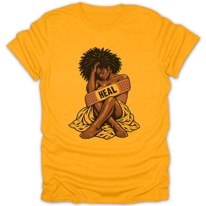 Illustration of a Black woman with a bandage saying "HEAL" wrapped around her chest.