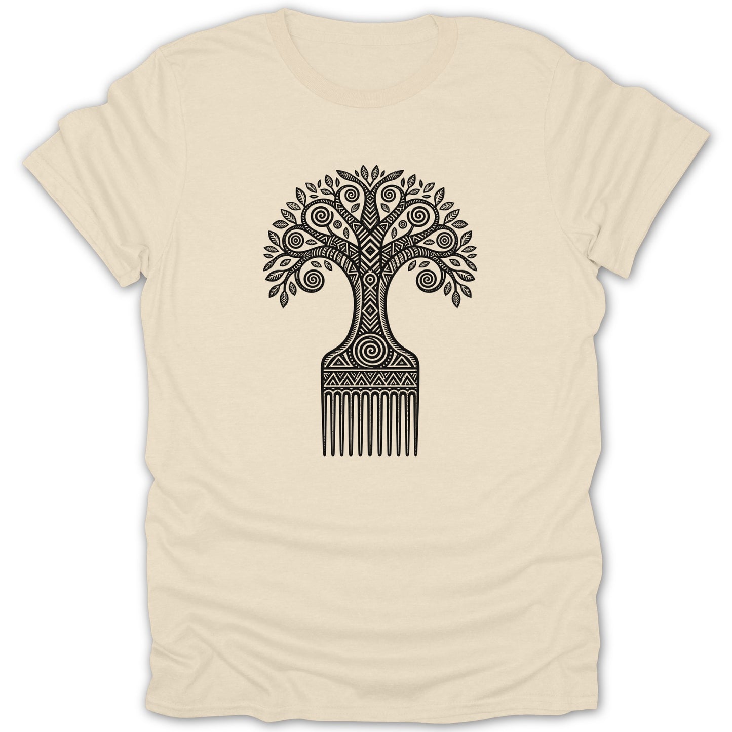 Light cream t-shirt with black tribal tree-comb design.