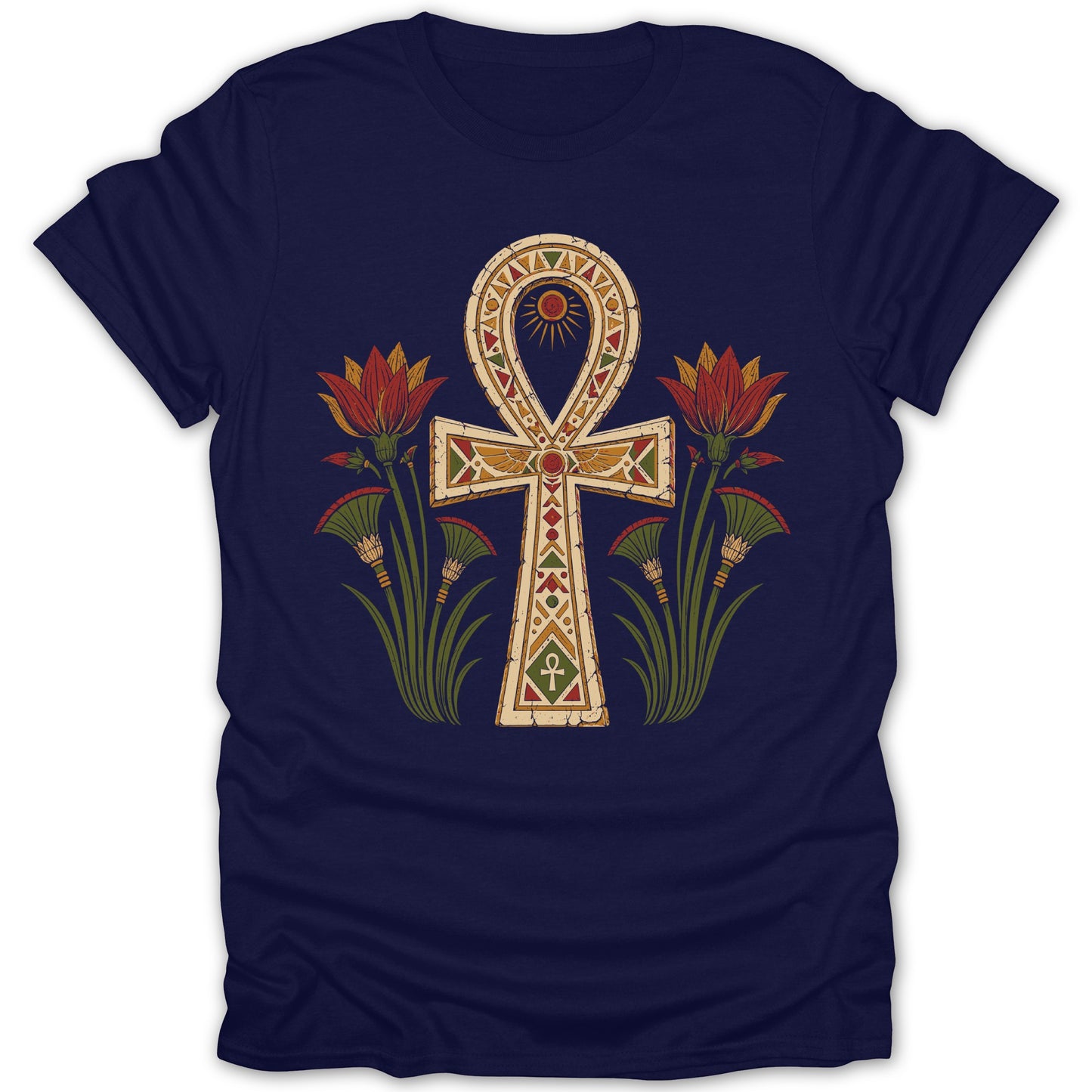 Navy t-shirt with an ankh symbol and Egyptian lotus flowers.