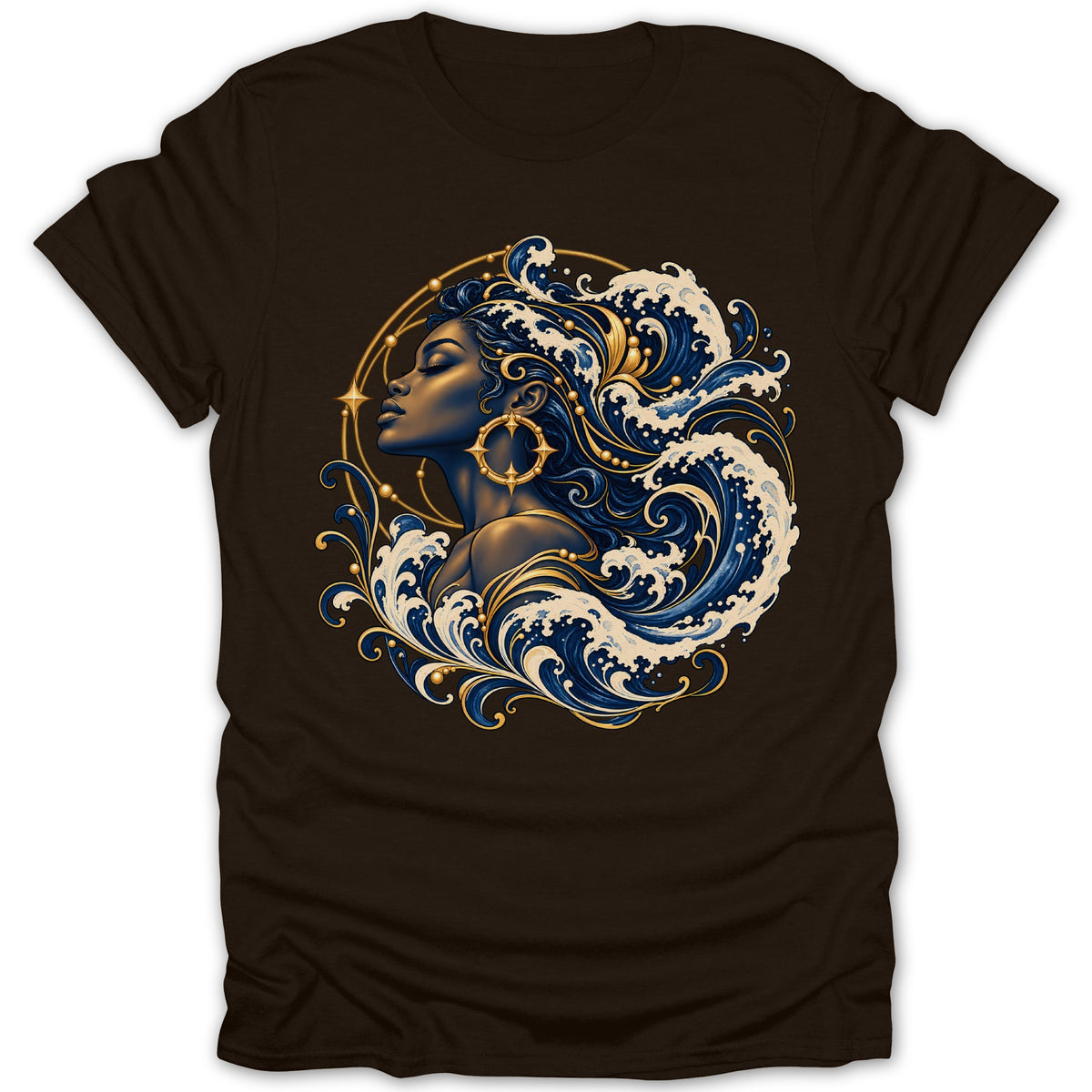 Dark brown t-shirt with a profile of a woman with wavy blue and gold hair.