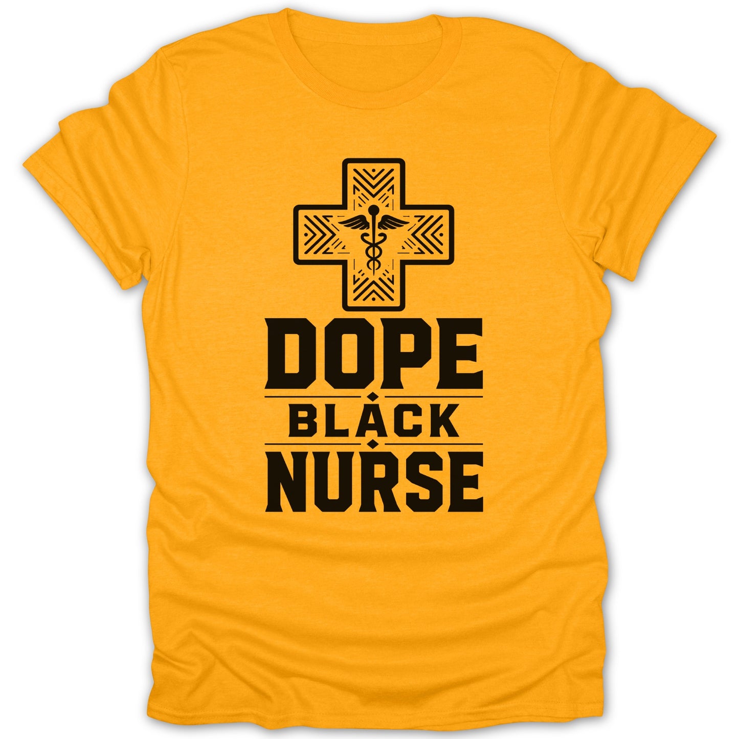 Yellow t-shirt with black text "Dope Black Nurse" and medical cross design.