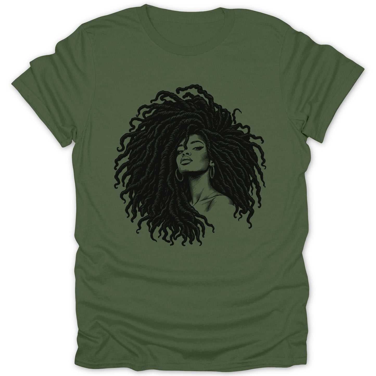 Green t-shirt with a black graphic of a woman with large dreadlocks.