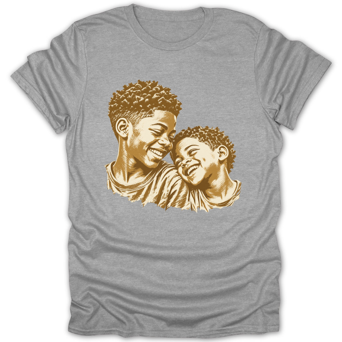 T-shirt with a sepia-toned graphic of two smiling boys embracing.
