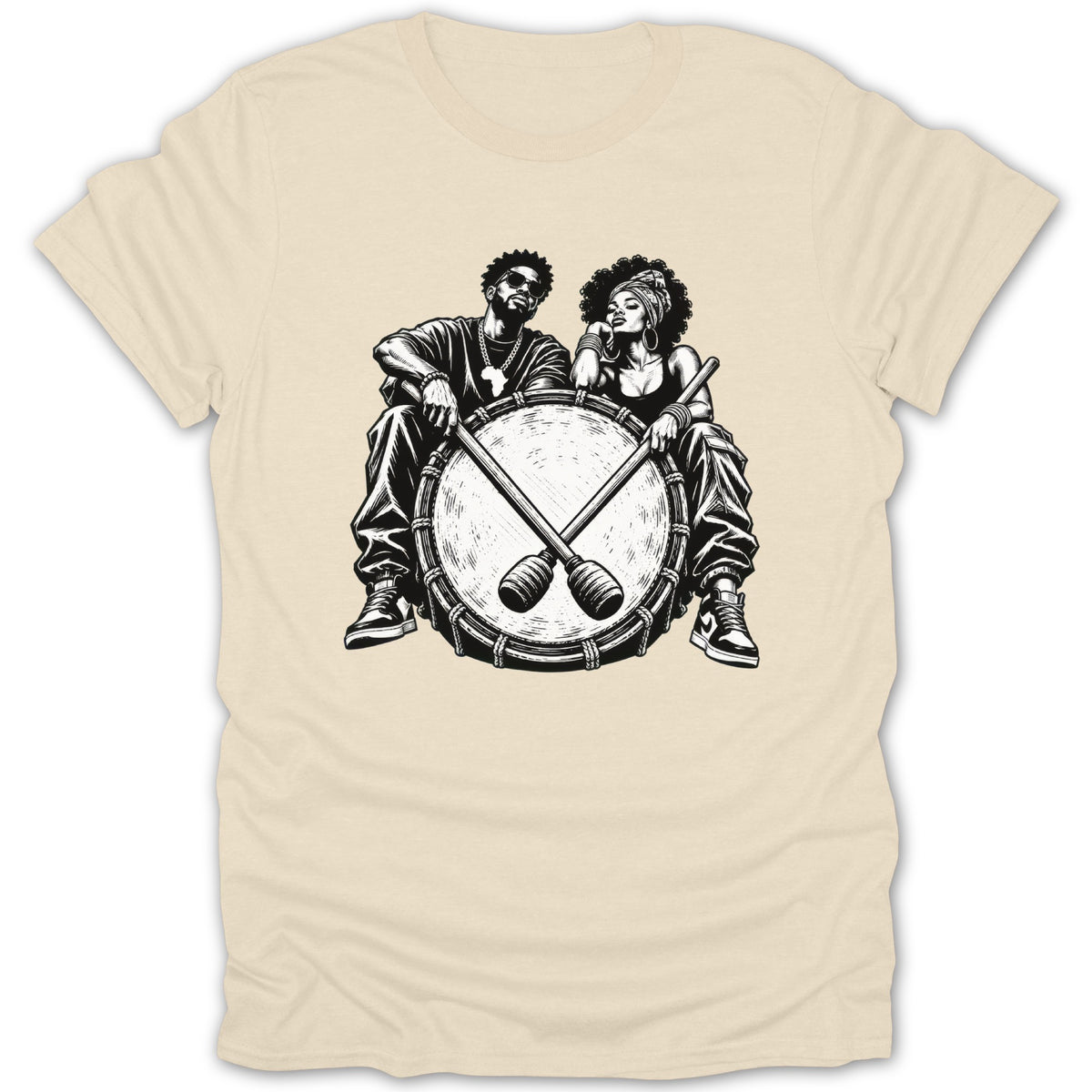 Black and white illustration of a man and woman seated behind a large drum with drumsticks.