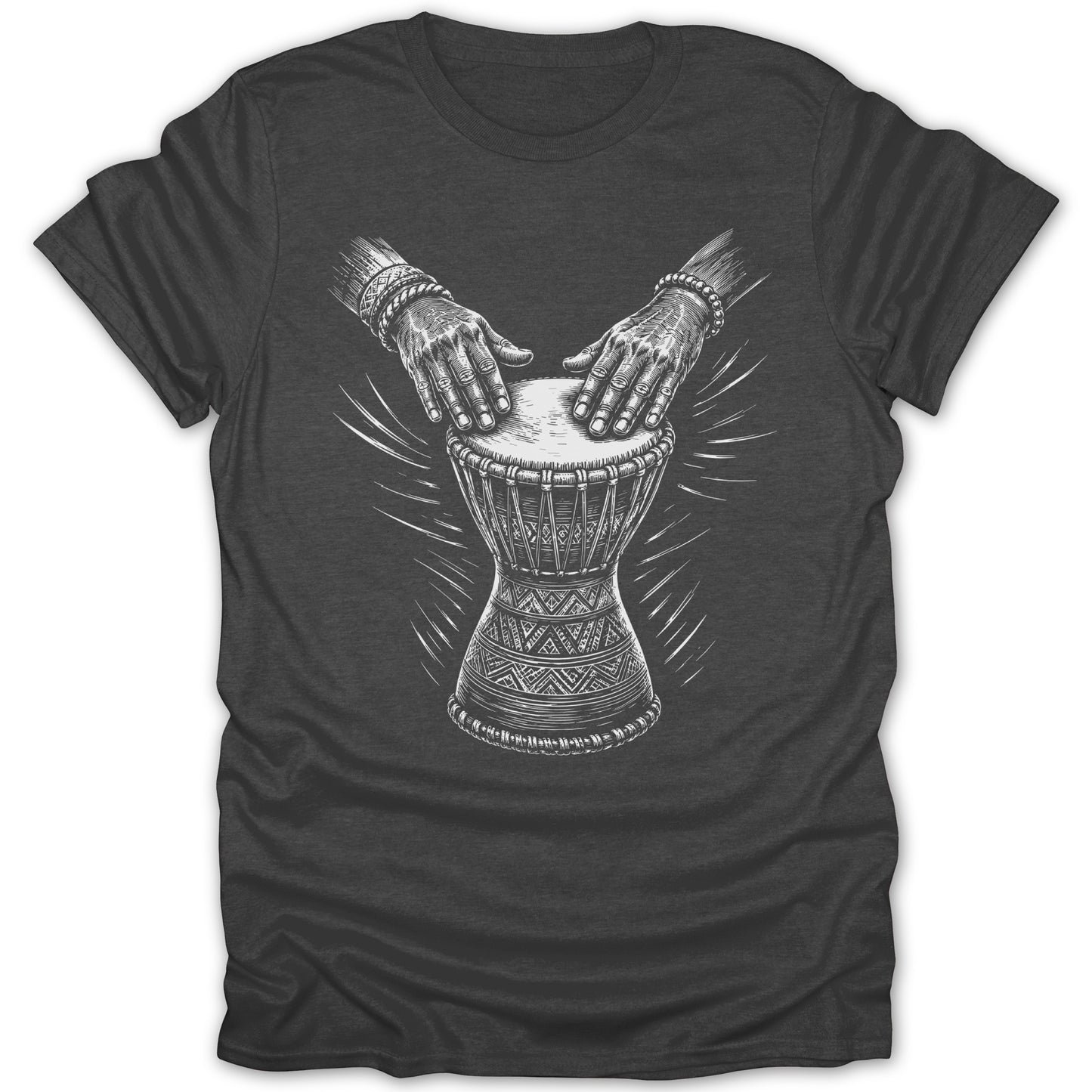 Hands playing a djembe drum with tribal patterns and radiating lines.