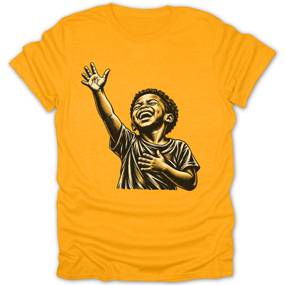 T-shirt with a black and white illustration of a joyful boy with his arm raised.