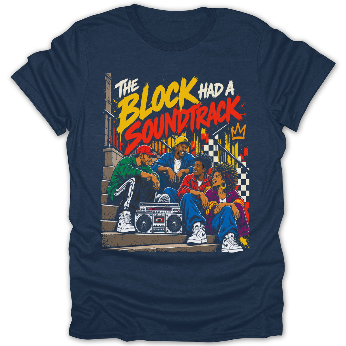 Four friends sit on stairs with a boombox; "The Block Had A Soundtrack" text.