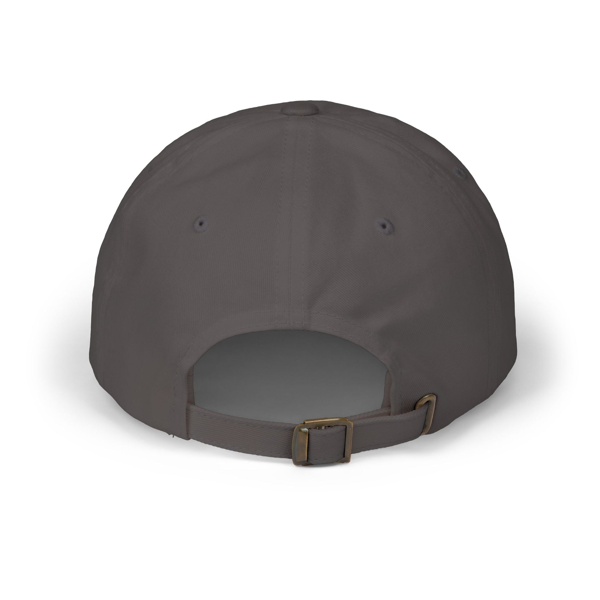 Dark gray baseball cap with adjustable strap and buckle, viewed from the back.