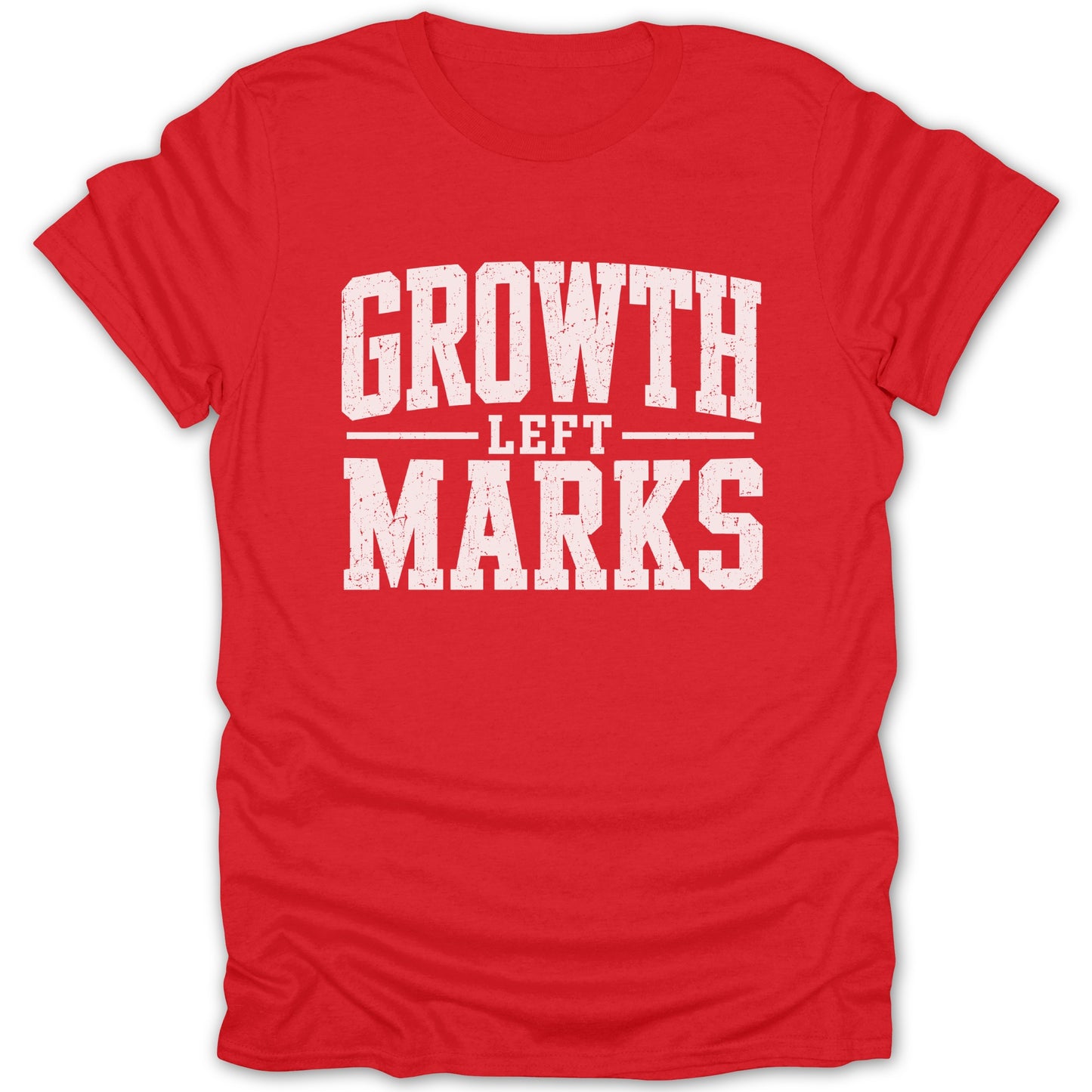 Red t-shirt with white text that reads "GROWTH LEFT MARKS".
