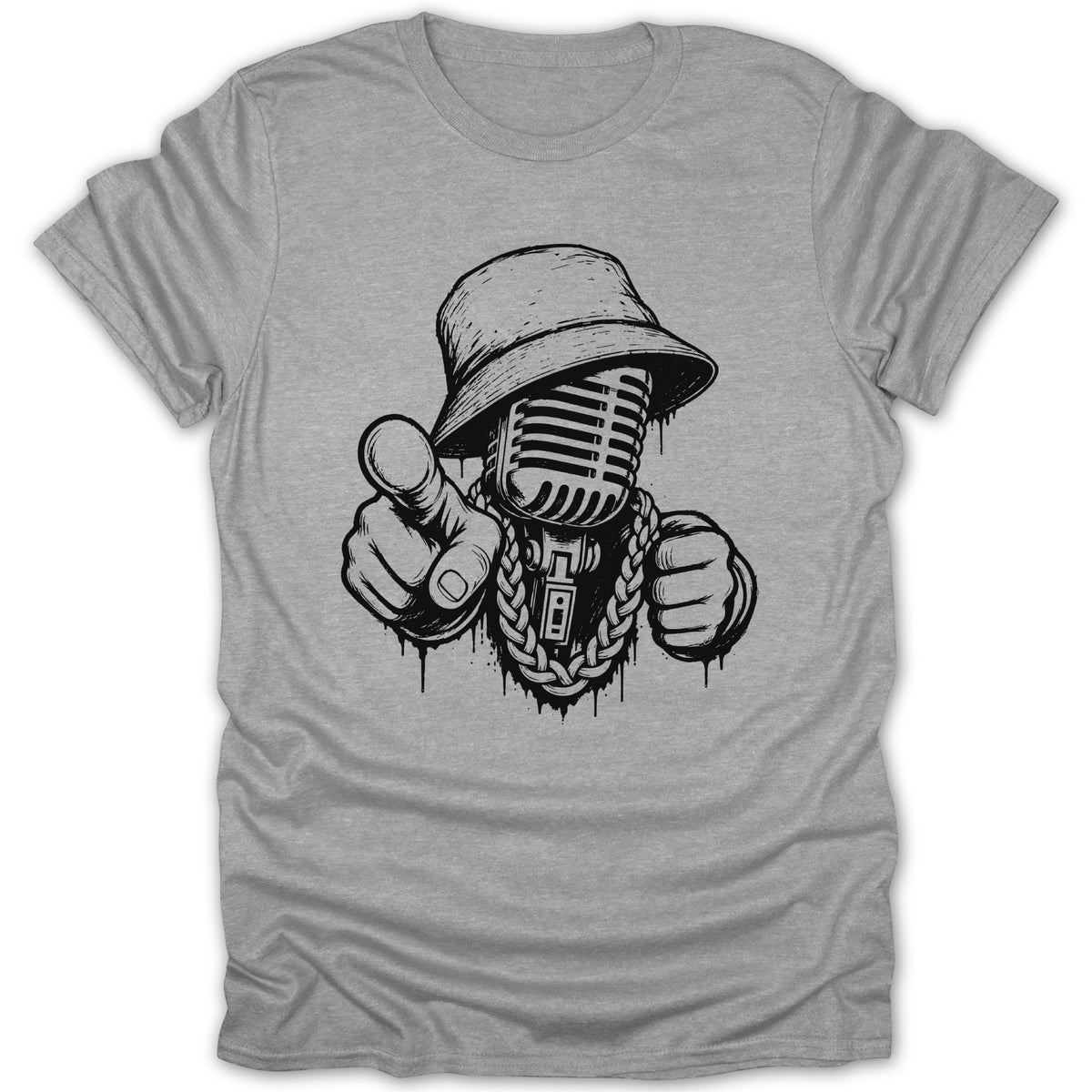Graffiti-style microphone with bucket hat, gold chain, pointing finger, and fist.