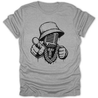 Graffiti-style microphone with bucket hat, gold chain, pointing finger, and fist.