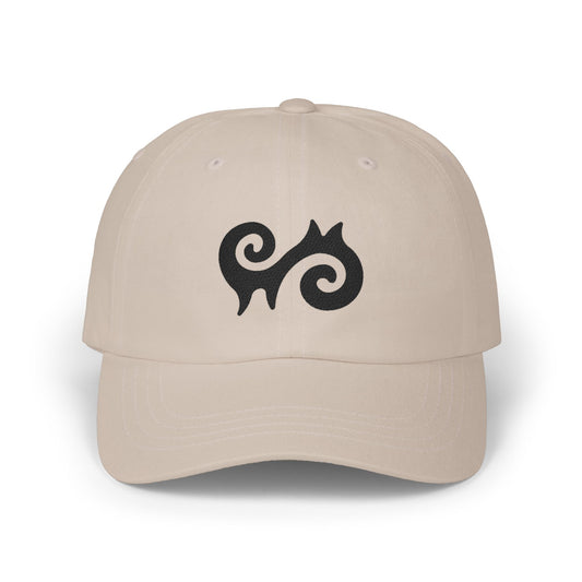 Tan baseball cap with black tribal symbol logo on front.