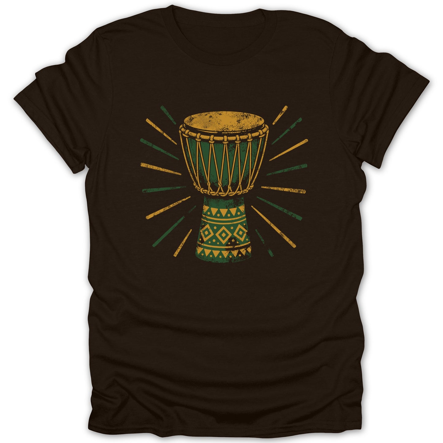 Brown t-shirt with distressed green and gold djembe drum graphic.