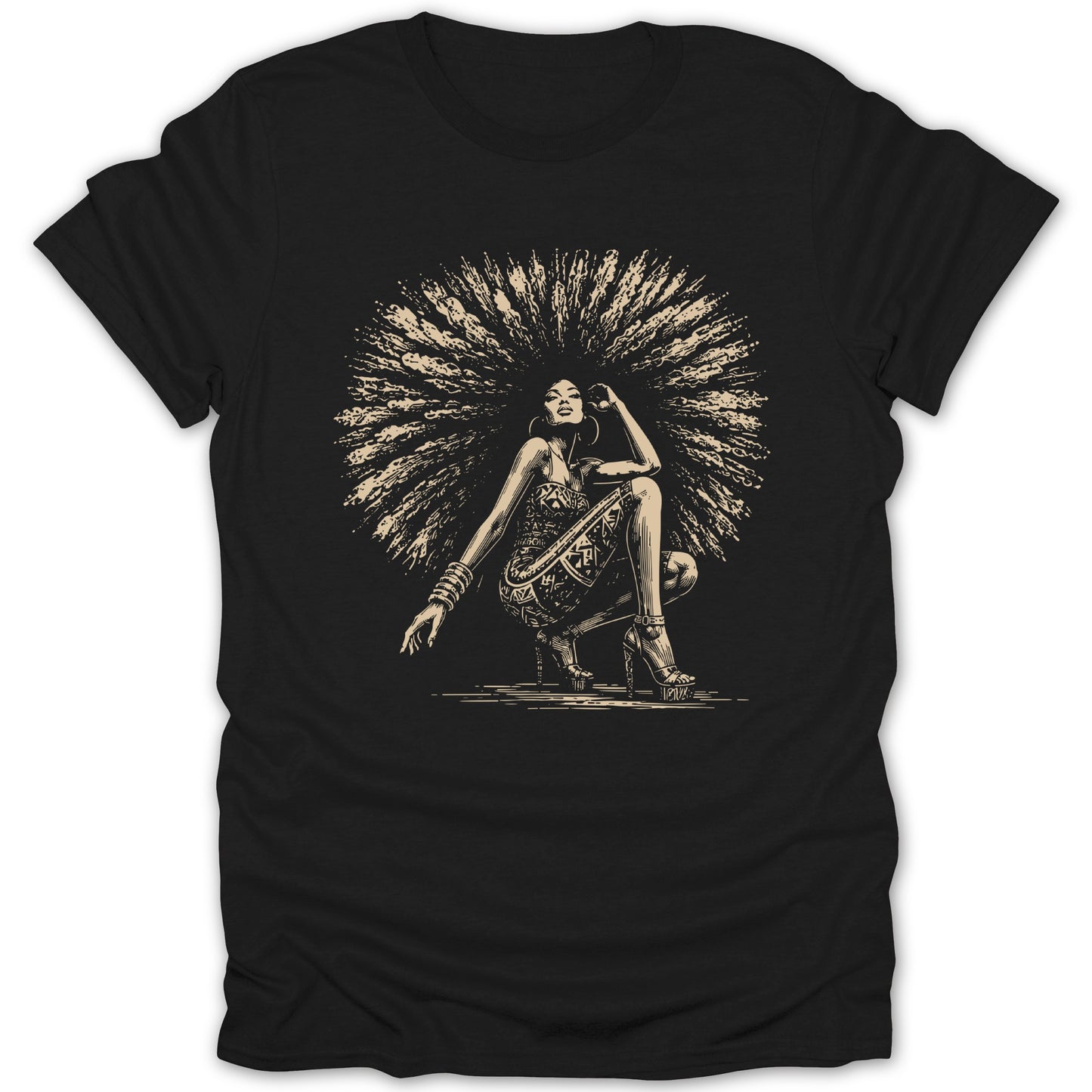 Black t-shirt with a graphic of a woman with a large afro and patterned dress.