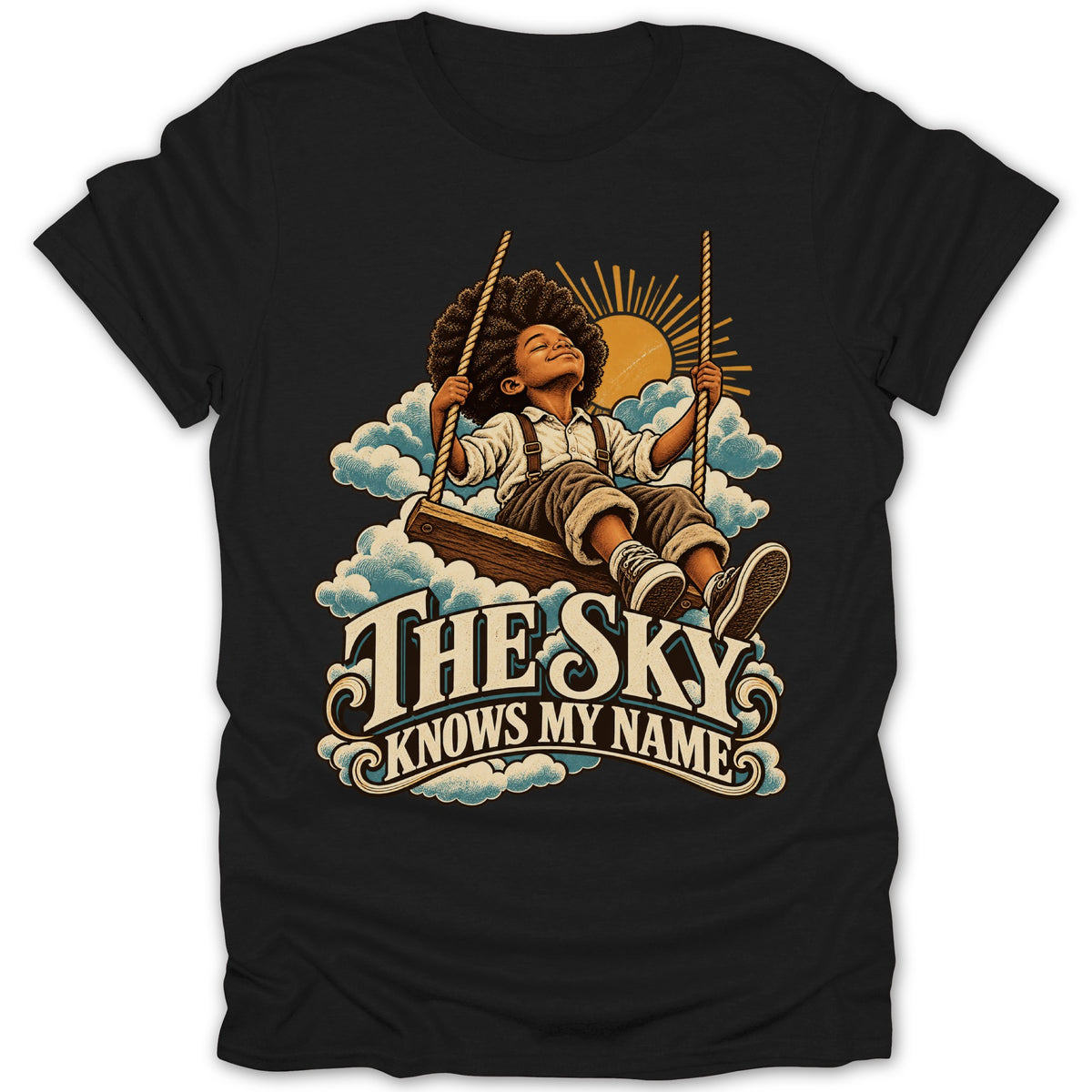 Black t-shirt with graphic of child on swing with text "THE SKY KNOWS MY NAME".
