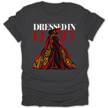 Dressed in Legacy text above woman in red dress and cape with patterned lining.
