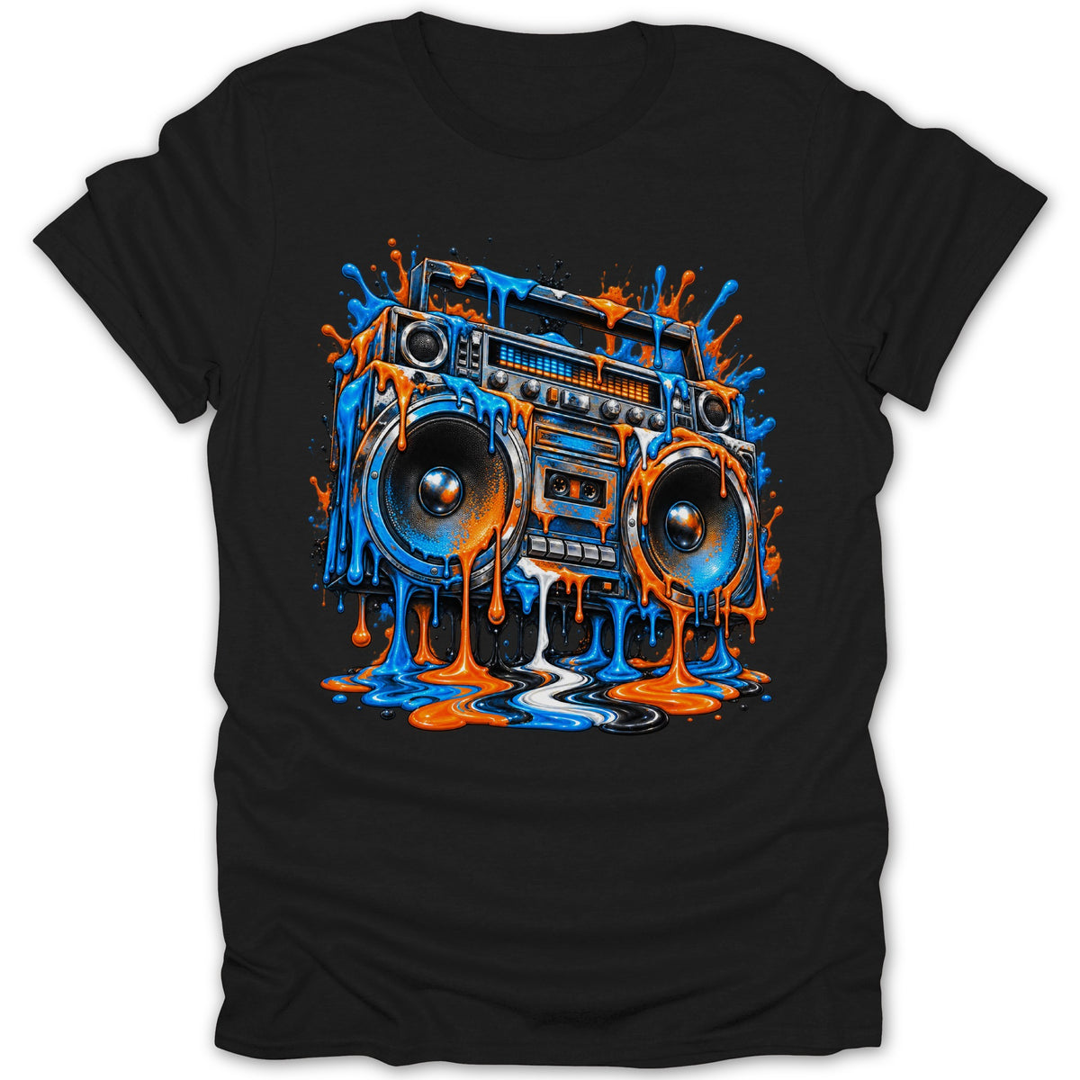 Black t-shirt with colorful dripping boombox graphic.