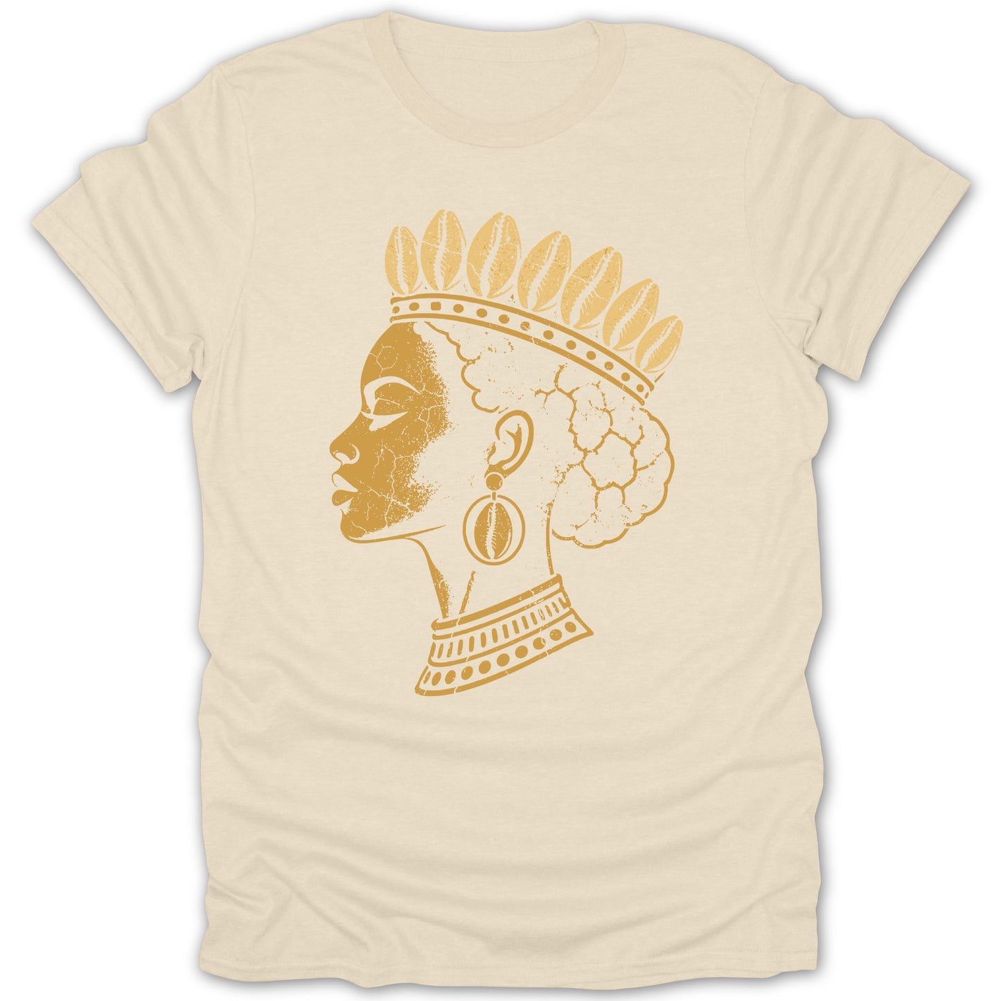 Cream t-shirt with a distressed golden profile of a woman wearing a crown and earrings.