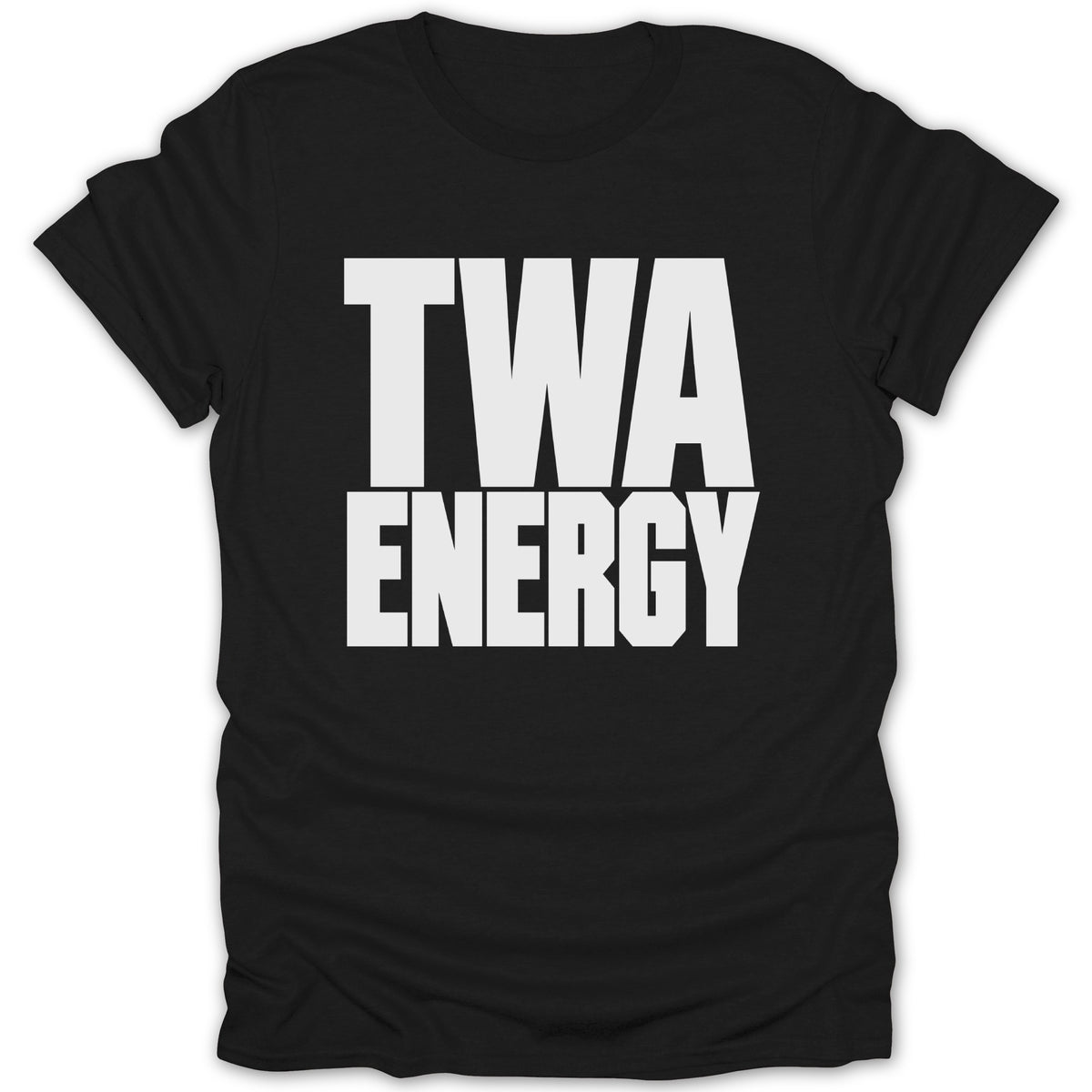 Black t-shirt with white text "TWA ENERGY" centered.