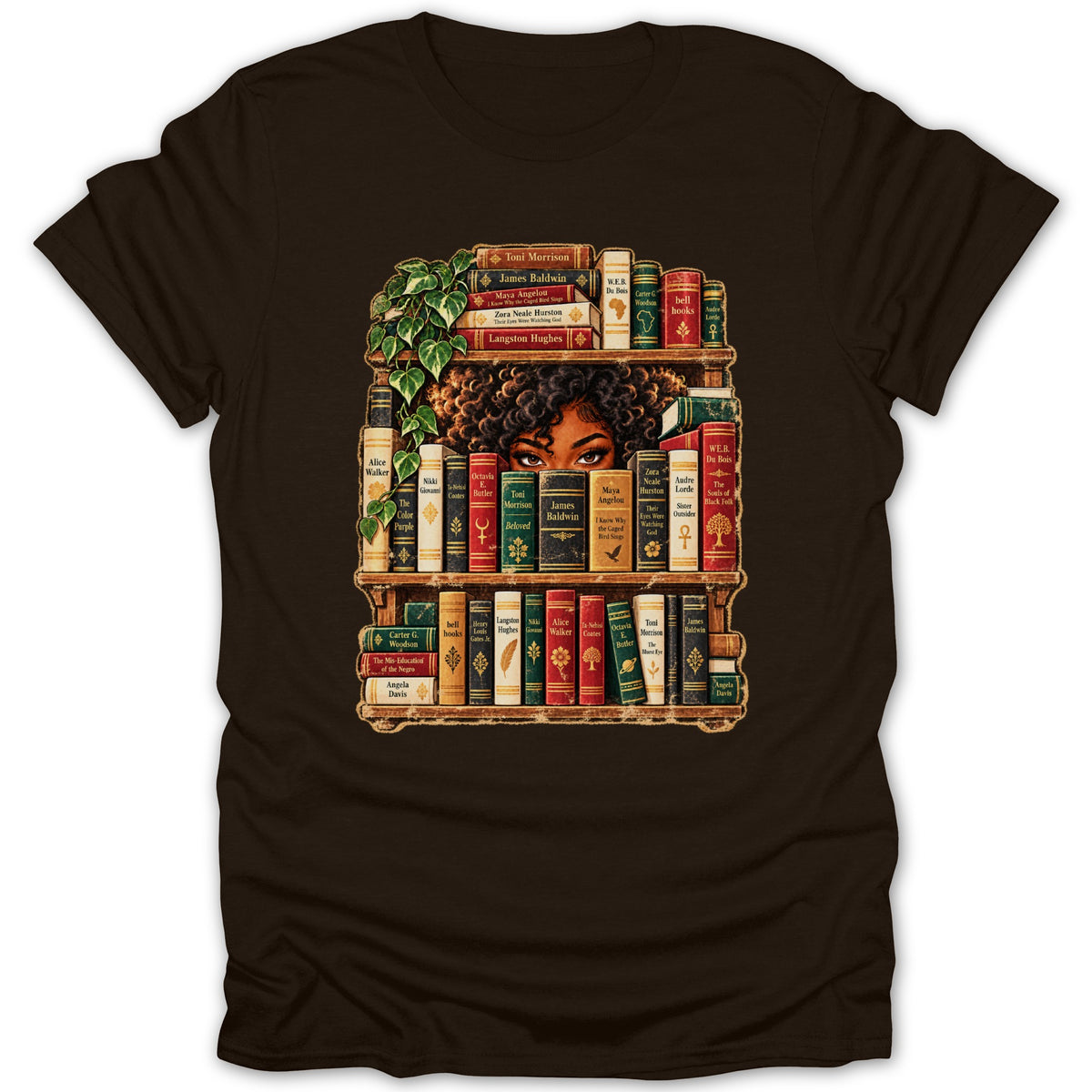 Woman peeking from bookshelf filled with books by Black authors.