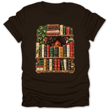 Woman peeking from bookshelf filled with books by Black authors.