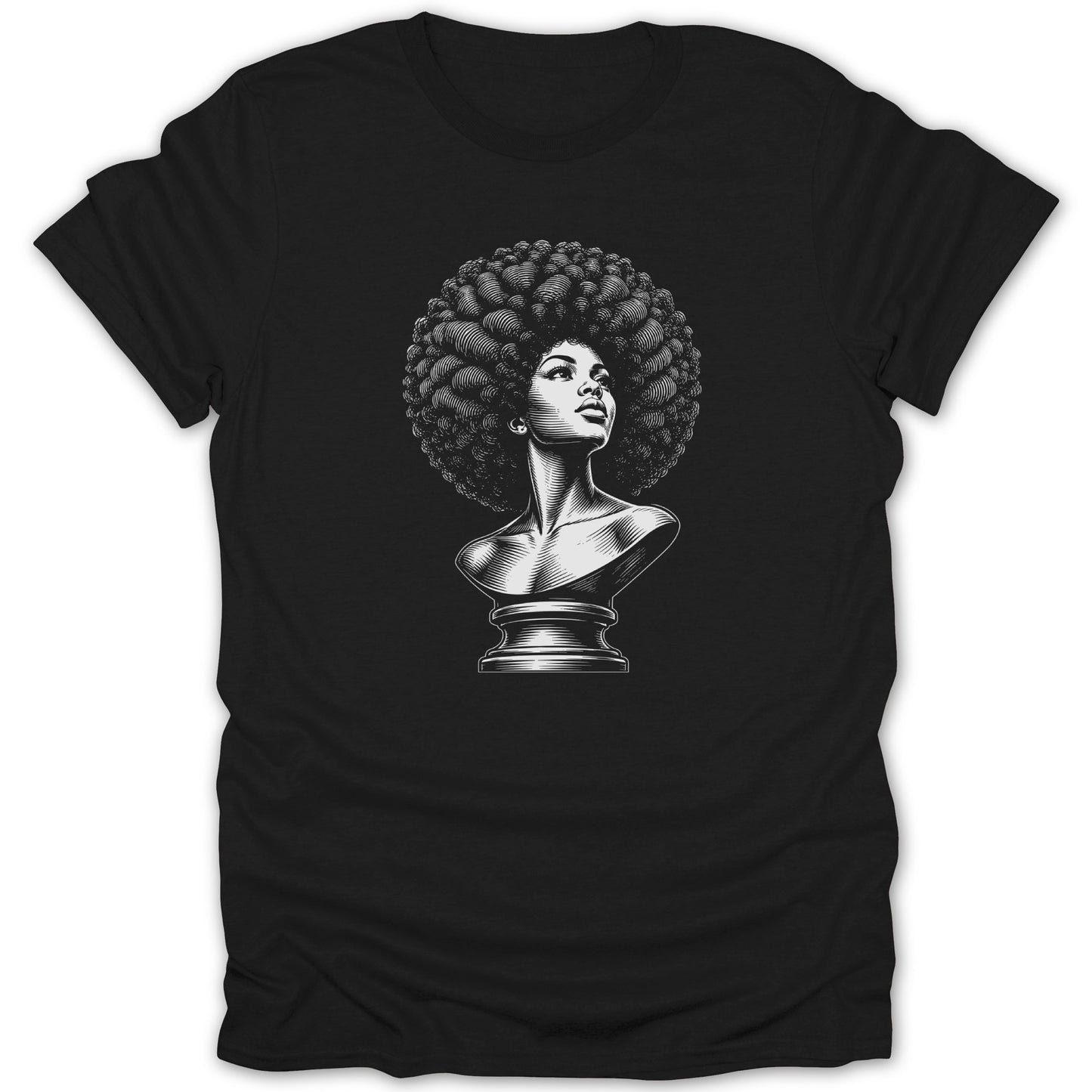 Black t-shirt with engraved artwork of a woman's bust with large afro.
