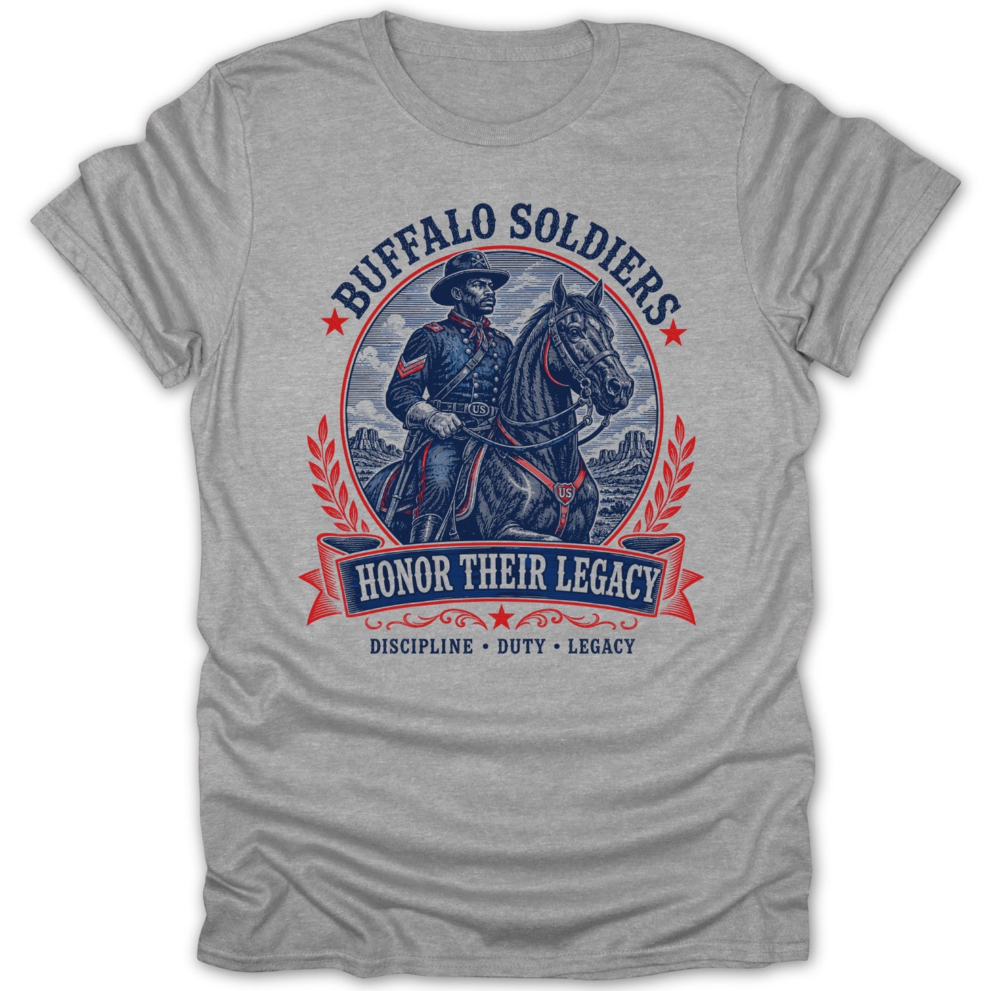Buffalo Soldiers design with a soldier on horseback and text reading "Honor Their Legacy".