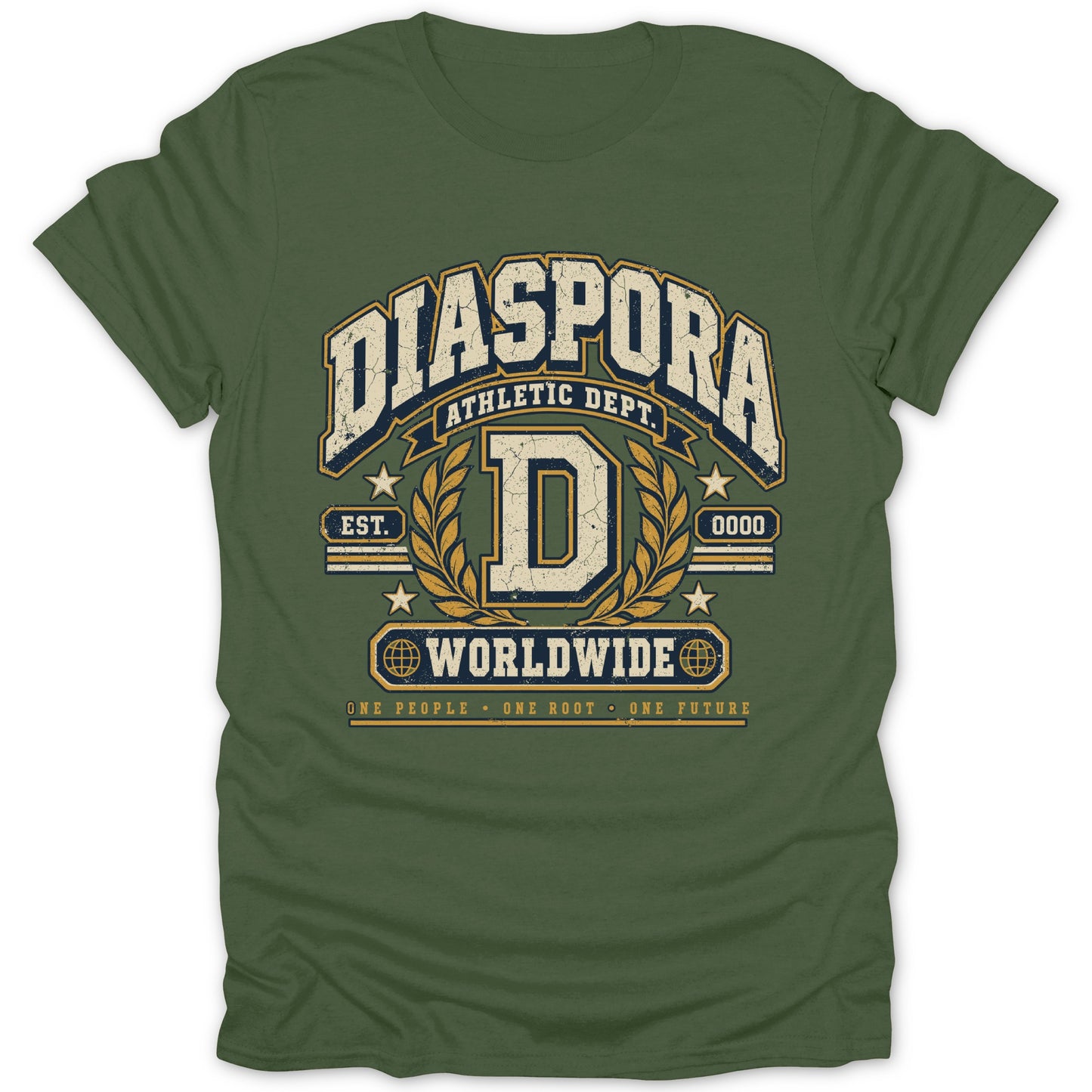 Green t-shirt with "DIASPORA ATHLETIC DEPT." graphic, featuring a large "D" and "WORLDWIDE".