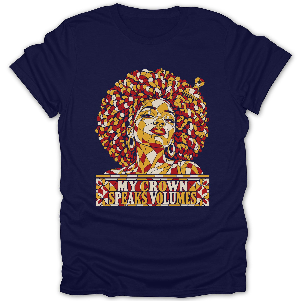 Navy blue t-shirt featuring a stained glass style graphic of a woman with large afro hair and the text "MY CROWN SPEAKS VOLUMES".