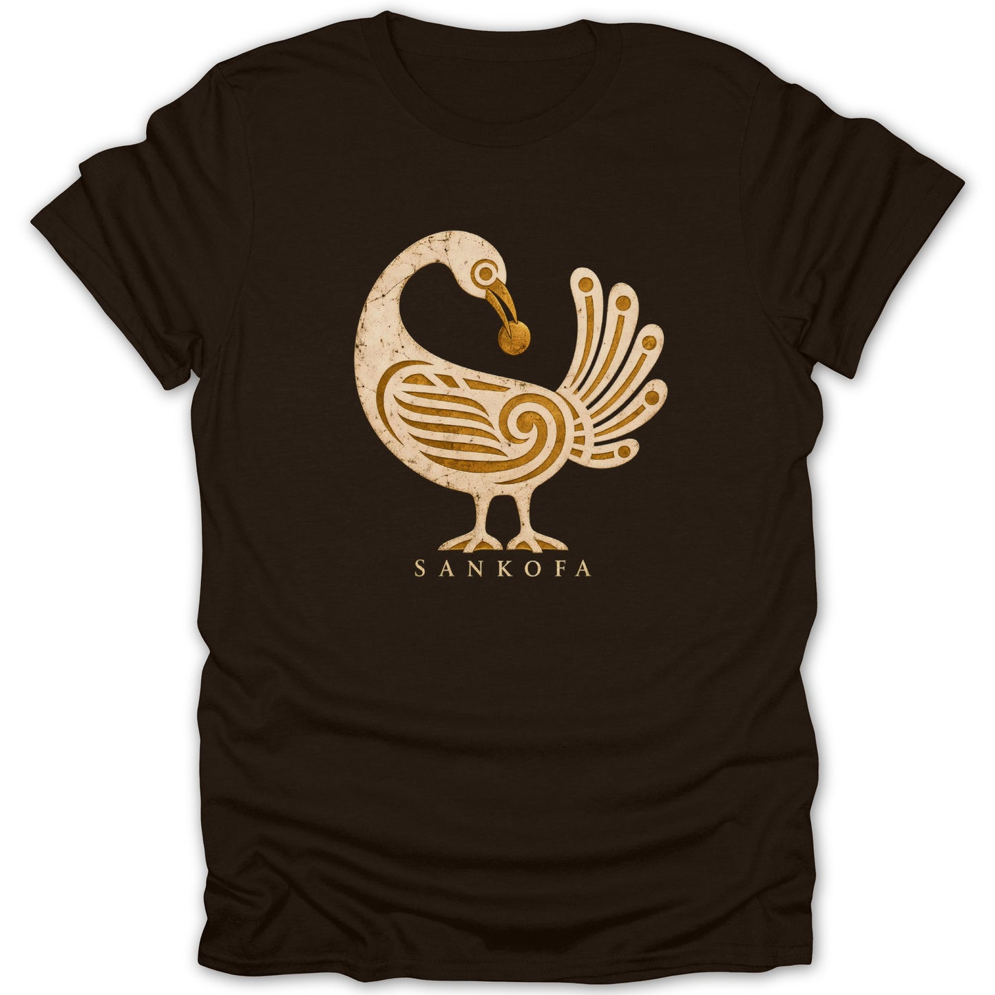 Brown t-shirt with distressed Sankofa bird graphic and text.