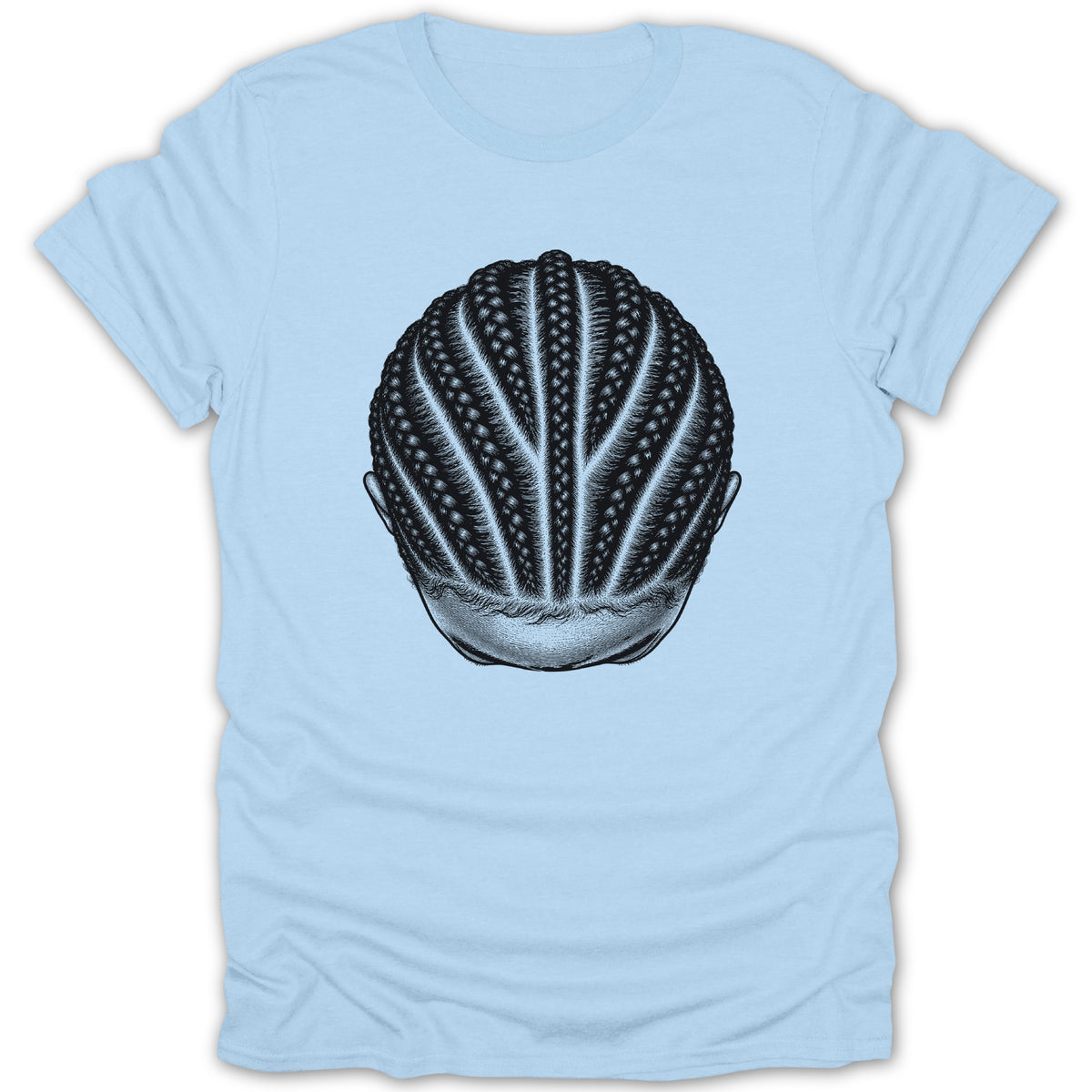 Light blue t-shirt with a black and white line drawing of braided hair.