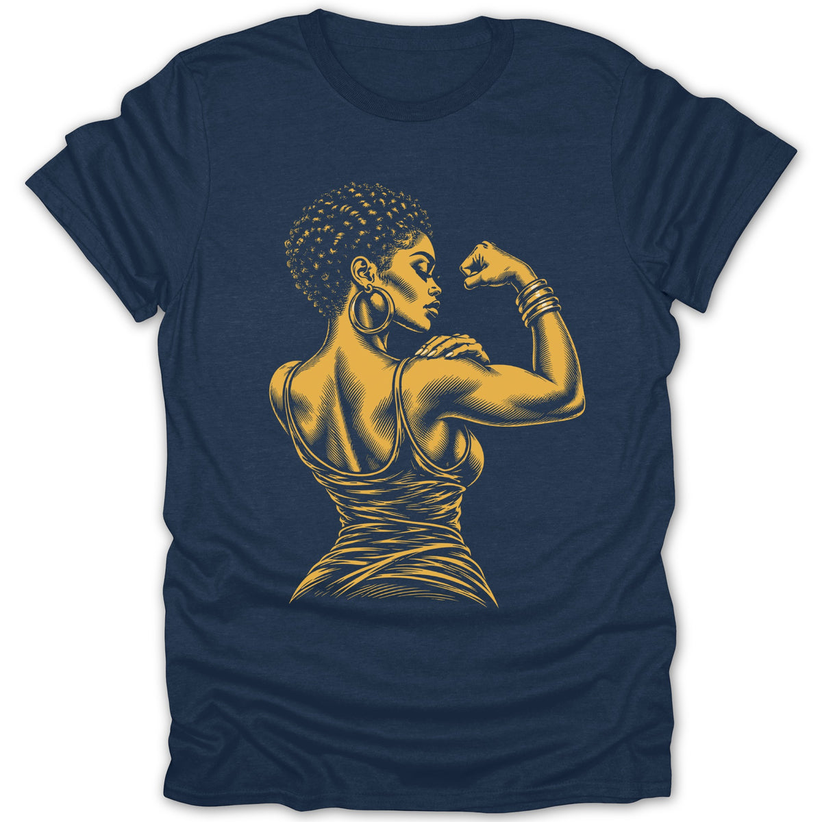 Graphic t-shirt with yellow illustration of a woman flexing her bicep.