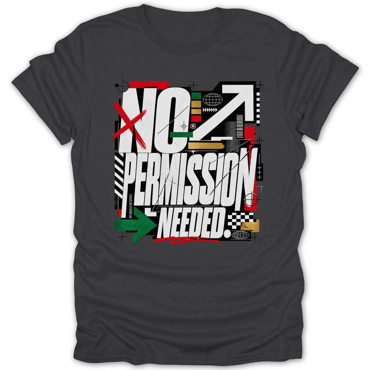 Dark t-shirt with bold white text "NO PERMISSION NEEDED" and graphic elements.