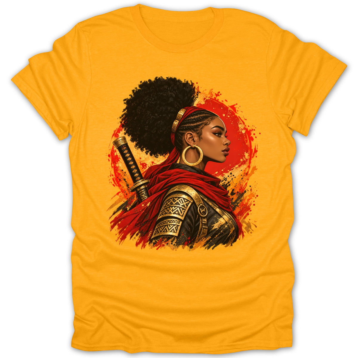 Yellow t-shirt with graphic of a woman with katana, red scarf, and golden armor.