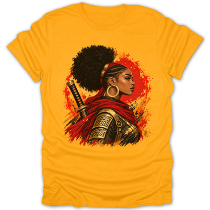 Yellow t-shirt with graphic of a woman with katana, red scarf, and golden armor.