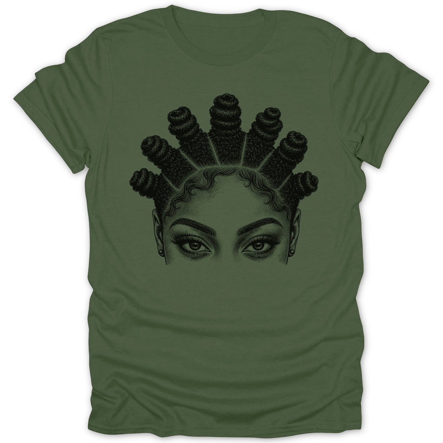 Black line art of a woman's eyes and Bantu knots on a green t-shirt.